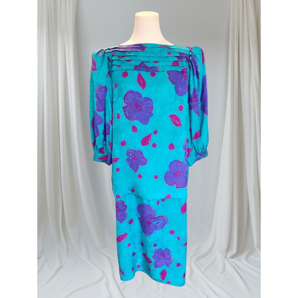 Vintage Flora Kung II 100% Silk Floral Dress Colorful Size 12